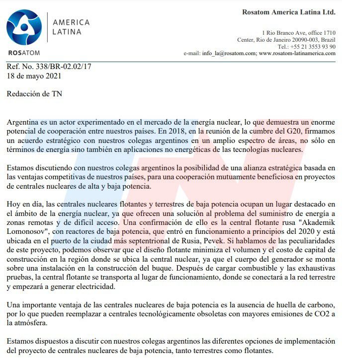 La carta donde Rosatom también confirma su interés por construir centrales nucleares en la Argentina. 