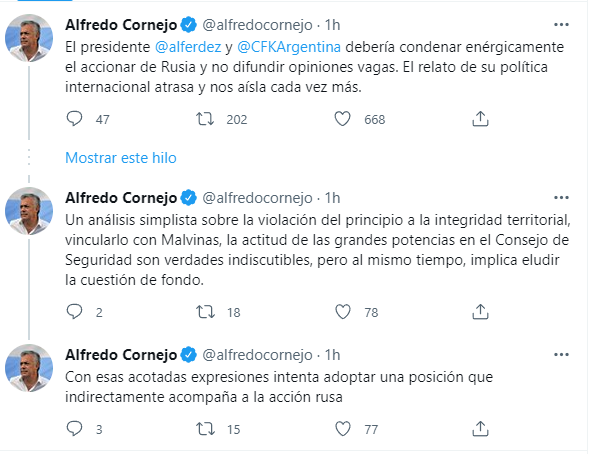 El tuit de Alfredo Cornejo