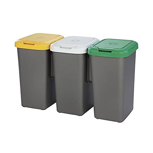 Acan Tontarelli - Cubo de Basura para Reciclaje plástico Gris, Set 3 papeleras de Reciclaje 75 litros, 47,5 x 77 x 33 cm