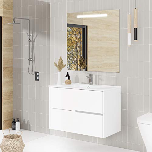 Conjunto Mueble de baño Gavin, 80cm, 2 cajones, suspendido en Pared. Incluye Lavabo cerámico y Espejo con iluminación LED. Acabado Blanco Mate. Se Entrega Montado.