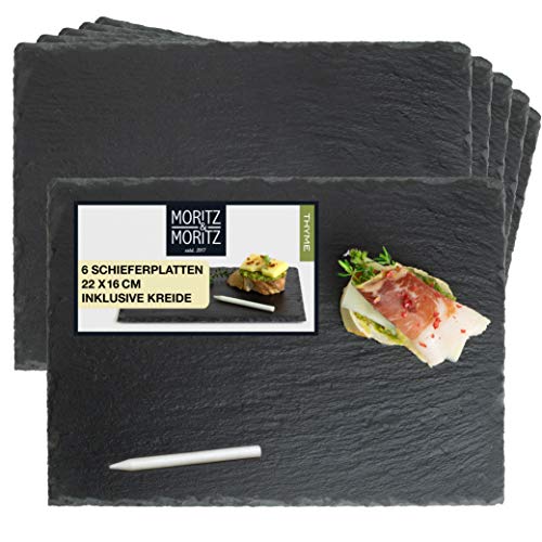 Moritz & Moritz 6x Platos Pizarra 22 x 16 cm Thyme con tiza para escribir - Platos de Pizarra Natural - Platos para aperitivos para personalizar y decorar