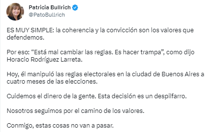 La respuesta de Patricia Bullrich a la jugada electoral de Horacio Rodríguez Larreta. (Foto: Twitter).