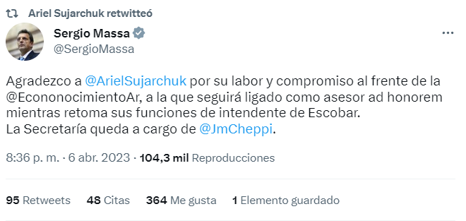 Segio Massa anunció la salida de Sujarchuk del Ministerio de Economía a través de Twitter. (Foto: Twitter/SergioMassa)