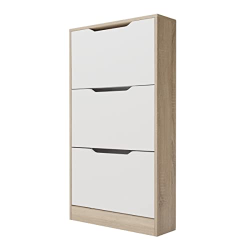 Duérmete Online - Zapatero con 3 Puertas, Mueble para Zapatos Estrecho, Modelo Ayen, Acabado en Color Cambria y Blanco, Medidas: 107 cm (Alto) x 60 cm (Ancho) x 17,3 cm (Fondo) Práctico y Funcional
