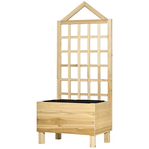 Outsunny Jardinera de Madera con Enrejado Jardinera con Celosía Arriate de Jardín con Tela no Tejida y 2 Orificios de Drenaje para Cultivos Verduras Flores 60x43x147 cm Natural