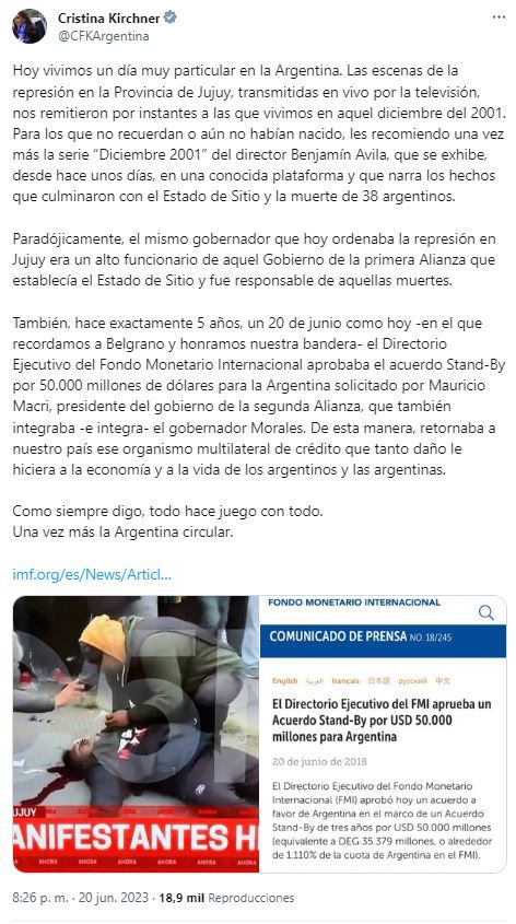 El tuit de Cristina Kirchner por los incidentes en la provincia de Jujuy. (Foto: captura Twitter / @CFKArgentina)