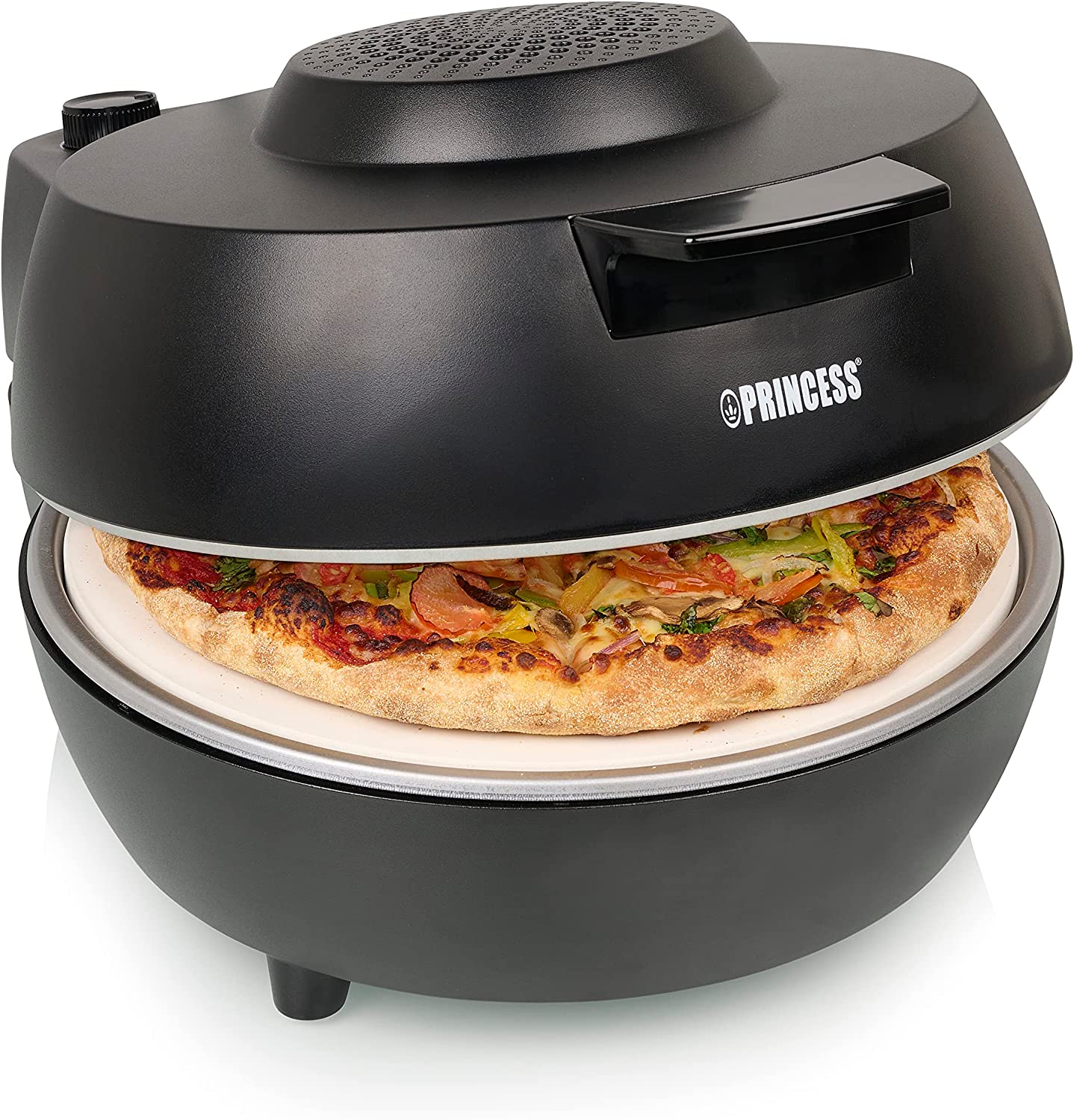 Princess 115005 Horno para pizzas, 30 cm, Piedra especial para pizzas, 2 palas para sacar la pizza del horno, Temperatura (hasta 400 C) y temporizador (15 min.) ajustables, 1200 W