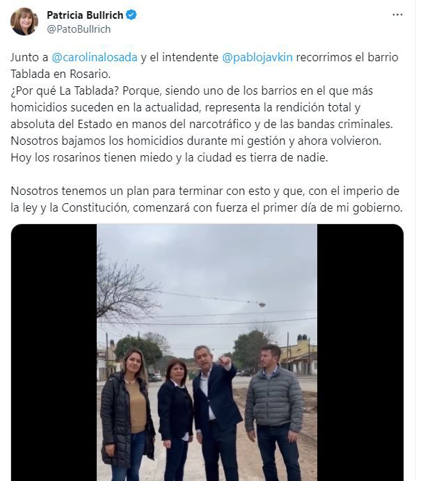 Tuit de Patricia Bullrich (Foto: Captura de Twitter/@PatoBullrich).