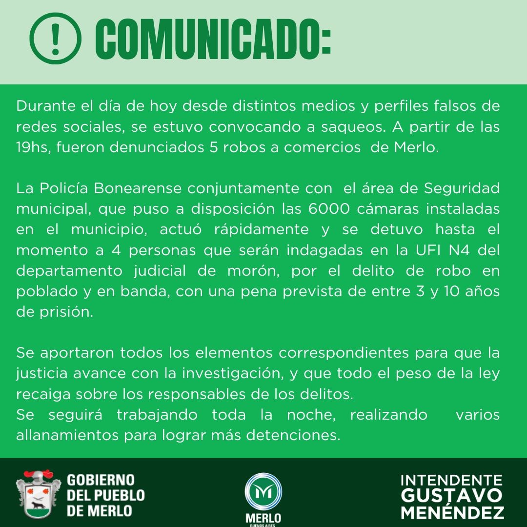 El municipio de Merlo difundió un comunicado en el que informó que hubo cinco robos a comercios en esa localidad. (Foto: TN)