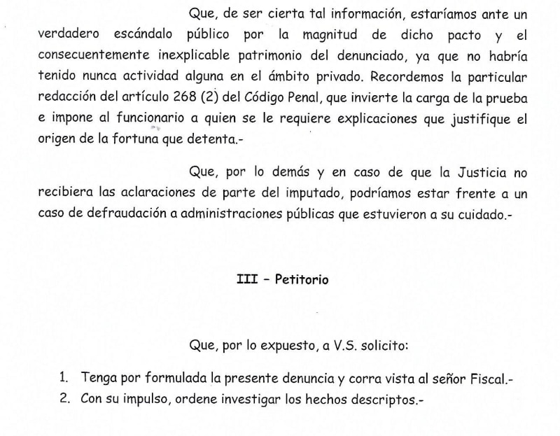 La denuncia presentada en el fuero penal de La Plata por el abogado Enrique Guillermo Avogadro. (Foto: TN)