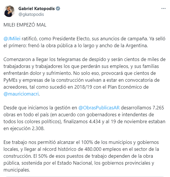 El tuit de Gabriel Katopodis contra Milei. (Foto: X/@gkatopodis)