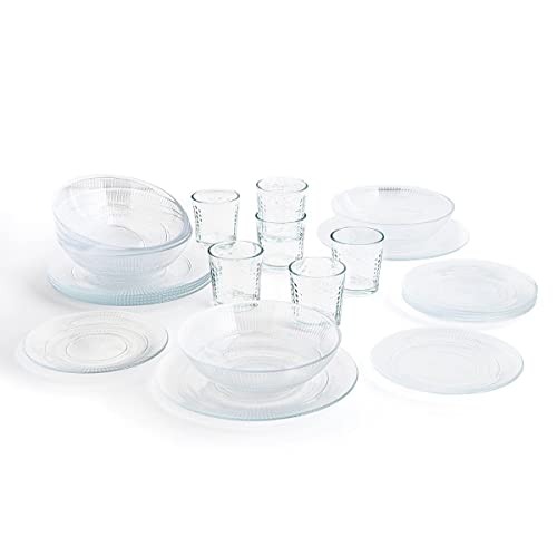 Luminarc Vajilla Completa Moderna para 6 Personas 18 Piezas + Set de 6 Vasos de Vidrio 26cl, Opal, Único, Estándar