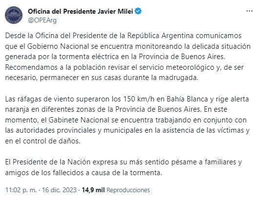 Comunicado de la Oficina del Presidente Javier Milei frente al temporal que azotó a la ciudad balnearia. (Foto: Twitter/OPEArg)