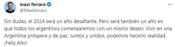 El mensaje del diputado nacional de la Coalición Cívica y presidente del partido, Maximiliano Ferraro, para el 2024 (Foto: captura X @Maxiferraro).