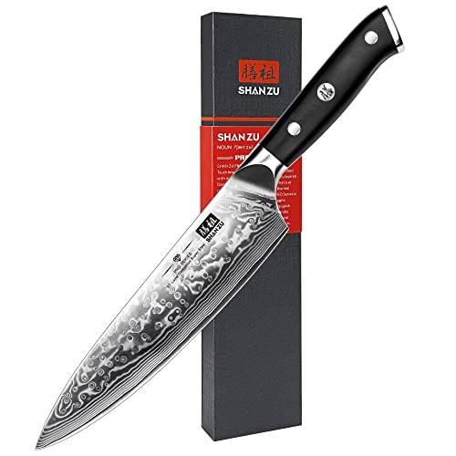 SHAN ZU Cuchillo de Cocina Damasco, 20cm Cuchillo Chef Japones de Acero Damasco de 67 Capas, Mango de Material G10, Cuchillo de Cocinero Profesional para Cortar Verdura, Fruta, Carne - PRO Series