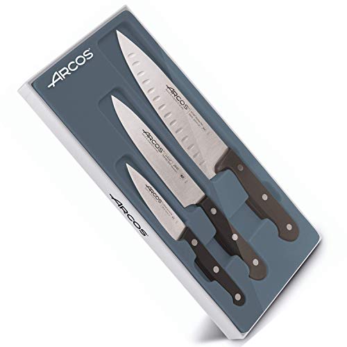 ARCOS Conjunto Cuchillos profesionales para cocinas, 3 piezas - Acero Inoxidable Nitrum y Hoja mm, 590 gr, Mango ergonómico polioximetileno POM, Serie Universal, Mayor control, Color negro