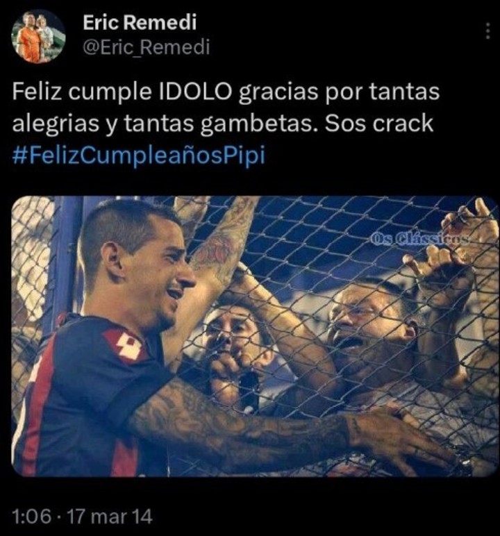 En 2014, Remedi tuvo una dedicatoria especial en Twitter para su ídolo: el Pipi Romagnoli.