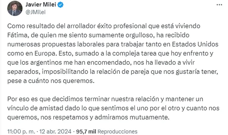 Javier Milei se separó de Fátima Florez (Foto: captura Twitter/@jmilei)