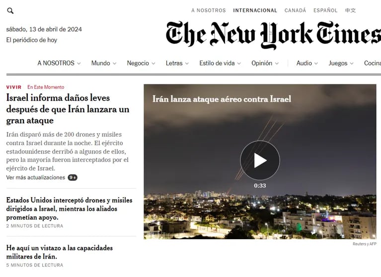 Así repercutió en el mundo el ataque de Irán a Israel. (Captura: The New York Times)