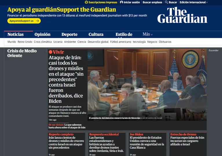 Así repercutió en el mundo el ataque de Irán a Israel. (Captura: The Guardian)