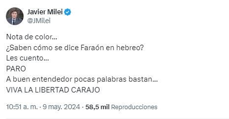 La contundente adivinanza de Javier Milei en hebreo contra la CGT por el paro (Foto: captura X @JMilei).