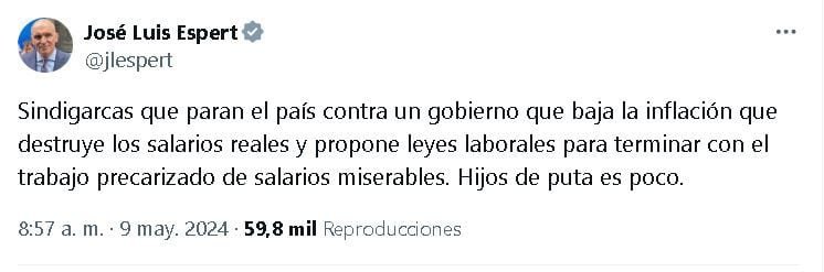 La furia de José Luis Espert contra los sindicalistas de la CGT por el paro general: "Sindigarcas que paran el país" (Foto: captura X / @jlespert).