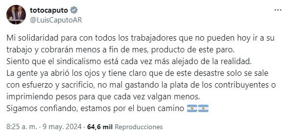 Fuertes críticas de Luis Caputo al paro de la CGT: "El sindicalismo está cada vez más alejado de la realidad" (Foto: captura X @LuisCaputoAR).