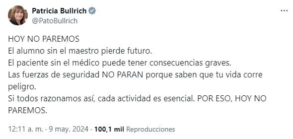 El contundente mensaje de la ministra de Seguridad, Patricia Bullrich, contra el paro general de la CGT (Foto: captura X @PatoBullrich).