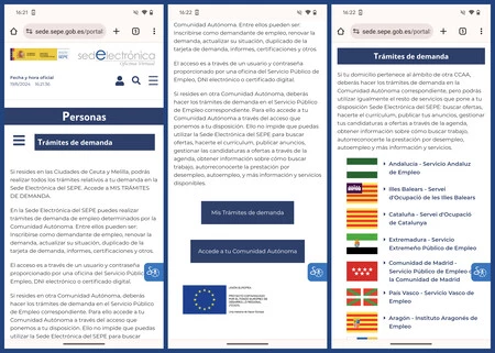 Capturas de pantalla de la sección 'Trámites de demanda' de la web del SEPE, desde donde podemos acceder al portal de empleo de cada comunidad