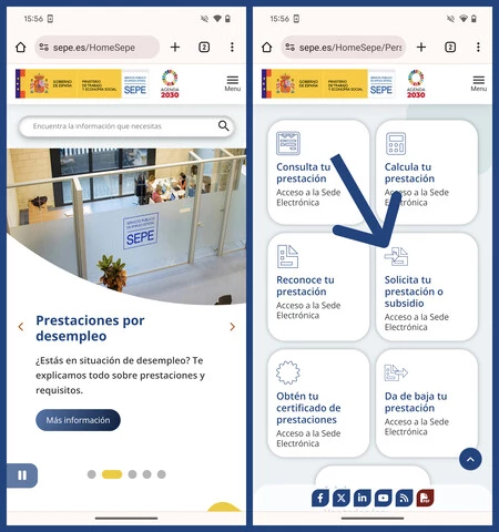 Capturas de pantalla de la sección 'Prestaciones por desempleo' de la web del SEPE