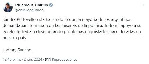 El secretario de Energía, Eduardo Rodríguez Chirillo: "Sandra Pettovello está haciendo lo que la mayoría de los argentinos demandaban" (Foto: captura X @chirilloeduardo).