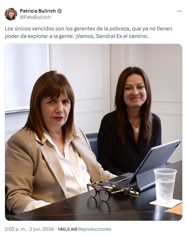 La ministra de Seguridad, Patricia Bullrich: "Los únicos vencidos son los gerentes de la pobreza. Vamos Sandra". (Foto: captura X / @Patobullrich)