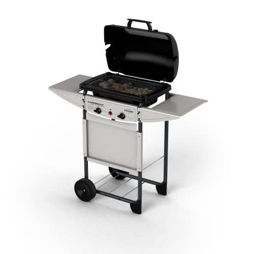 Campingaz Expert Plus Barbacoa gas piedra volcanica, parrilla gas con dos quemadores compactos, 7 kW de potencia, parrilla de acero y mesas laterales, Color Negro, Gris