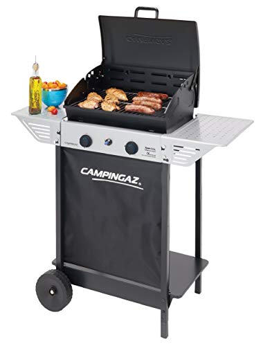 Campingaz Xpert 100 L Barbacoa gas, parrilla gas con dos quemadores compactos, 7.1 kW de potencia, parrilla de rejilla, 2 mesitas auxiliares y carro en acero