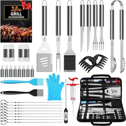 AISITIN Utensilios para Barbacoa 35 Piezas Accesorios Barbacoa Kit Barbacoa Set Acero Inoxidable para Hombres Mujeres Acampan Barbacoa con Bolsa Fácil de Transportar