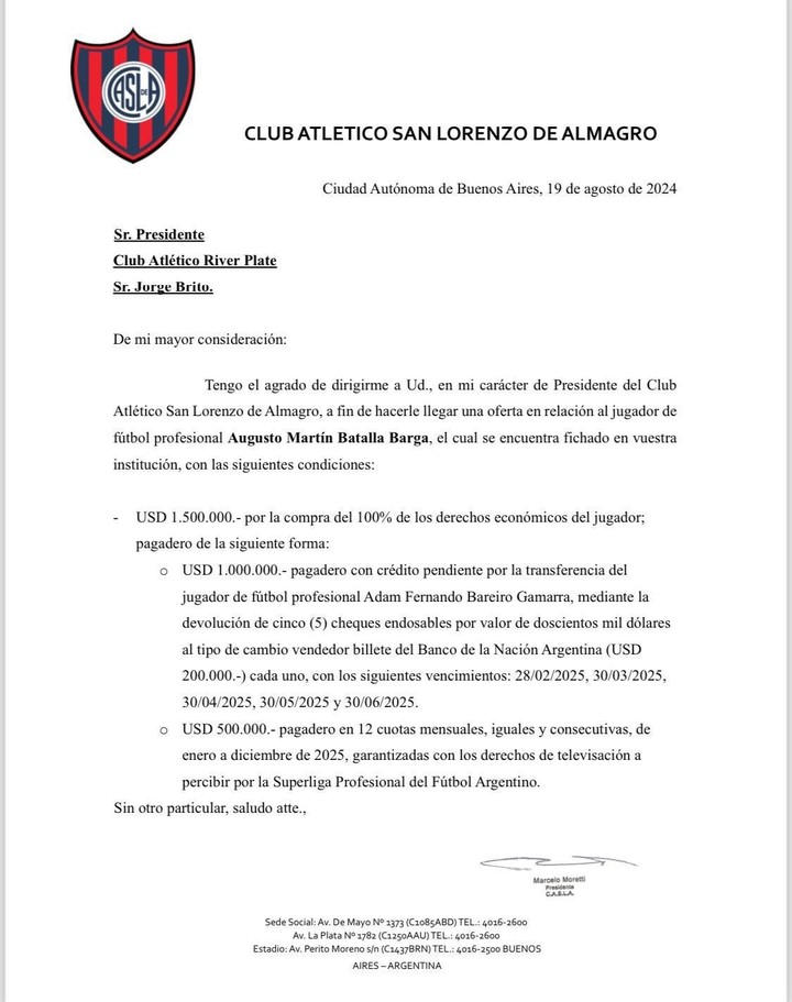 La propuesta que la CD de San Lorenzo le mandó a River y difundió.