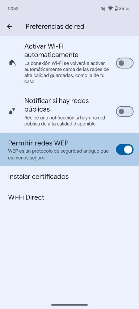 Captura de pantalla mostrando el menú de preferencias de red desde el que podemos habilitar el ajuste para conectarnos a las redes WEP