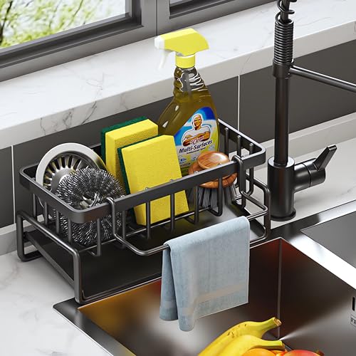 ViWaVee Organizador Cocina, Organizador Fregadero Acero Inoxidable con Bandeja de Drenaje Autodrenante para Soporte de Esponja, Toallero, Soporte para Paños Cocina, Súper Accesorios para Baño-Negra.