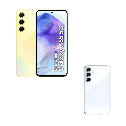 SAMSUNG Galaxy A55 5G 128GB con Funda Transparente, Teléfono Móvil Android, Smartphone Libre, Batería de Larga Duración, Cámara 50MP, Amarillo (Versión Española)