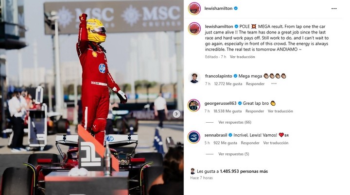 El mensaje de felicitación de Franco Colapinto a Lewis Hamilton tras lograr la Pole en la Qualy Sprint.
