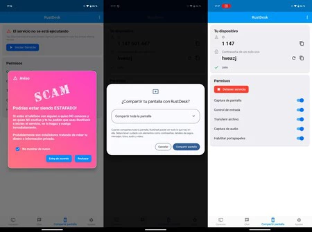 La pantalla de advertencia alerta por si instalaste Rustdesk sin saberlo: es una aplicación delicada