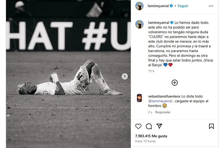 El mensaje de Lamine Yamal tras la eliminación del Barcelona en la Champions. (@lamineyamal)