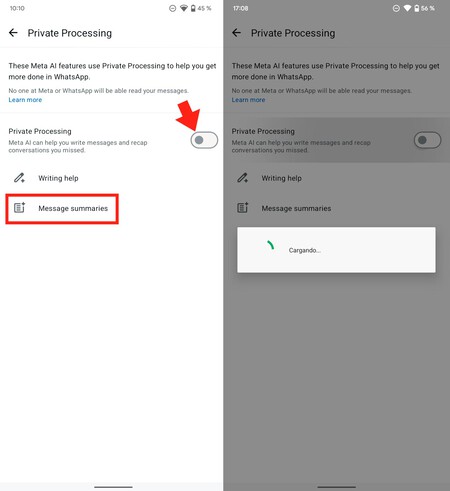 Activación del procesamiento privado, clave para el resumen de WhatsApp (aún oculto)