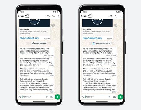 Izquierda, mensajes pendientes por leer sin botón de resumen; derecha, resumen de Meta AI
